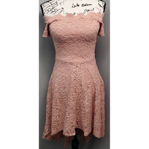 City Studio Fit & Flare Dress Women 3 Pink Lace Hi Low Side Zip Off The Shoulder